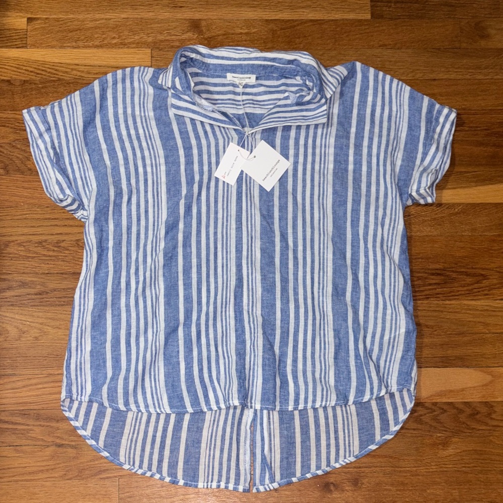 beachlunchlounge Women's Blue and White Striped Linen Shirt